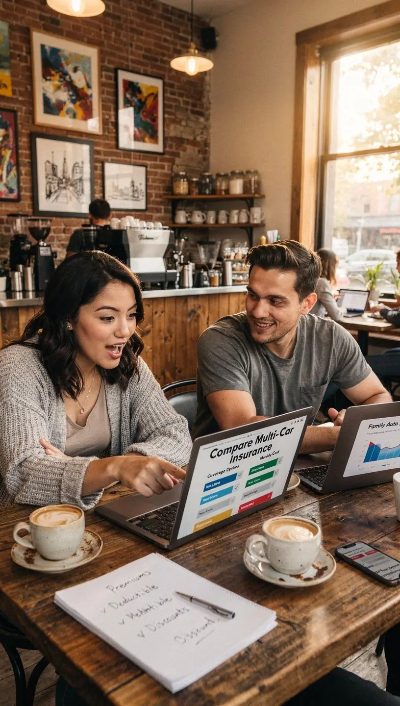 Rodzina stojąca obok samochodów, z dokumentami ubezpieczeniowymi w ręku