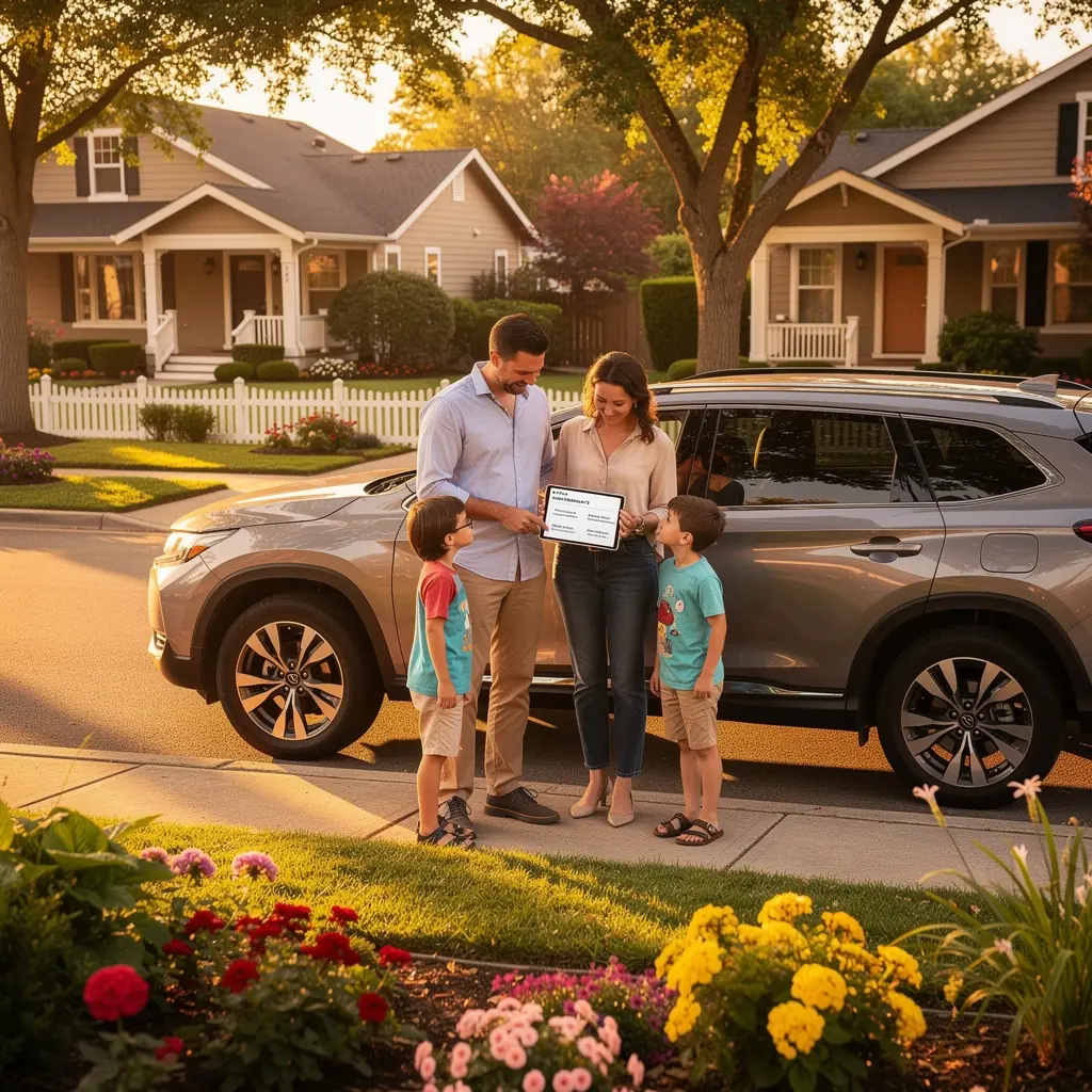 Graficzna ilustracja przedstawiająca korzyści płynące z rodzinnego ubezpieczenia samochodowego